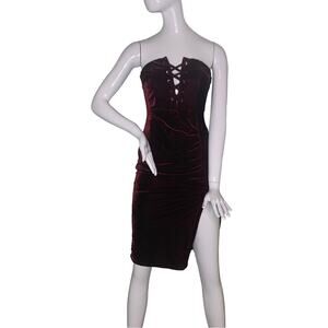 Iris Strapless Velour Dress Wine Size S Hidden Zipper on back Lace Up Front Slit